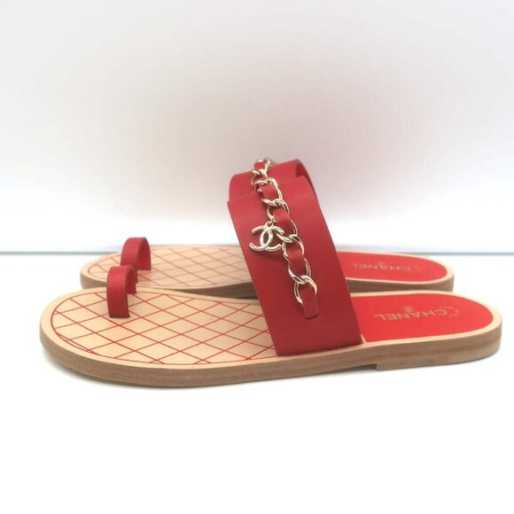 Chanel 19C CC Chain Toe-Strap Flat Slide Sandals Red Leather Size 37.5 - Picture 7 of 13